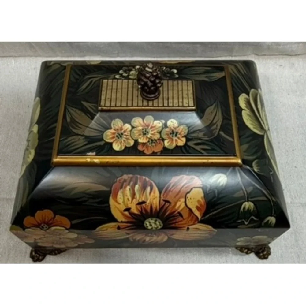 Vintage Floral Hand Painted Decorative Jewelry Box Lion Paw Feet Pinecone Finial